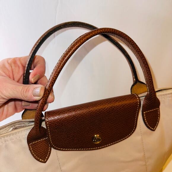 Auth LONGCHAMP Le Preage Original - Cream Dark Brown Nylon Leather Handbag - Picture 10 of 14